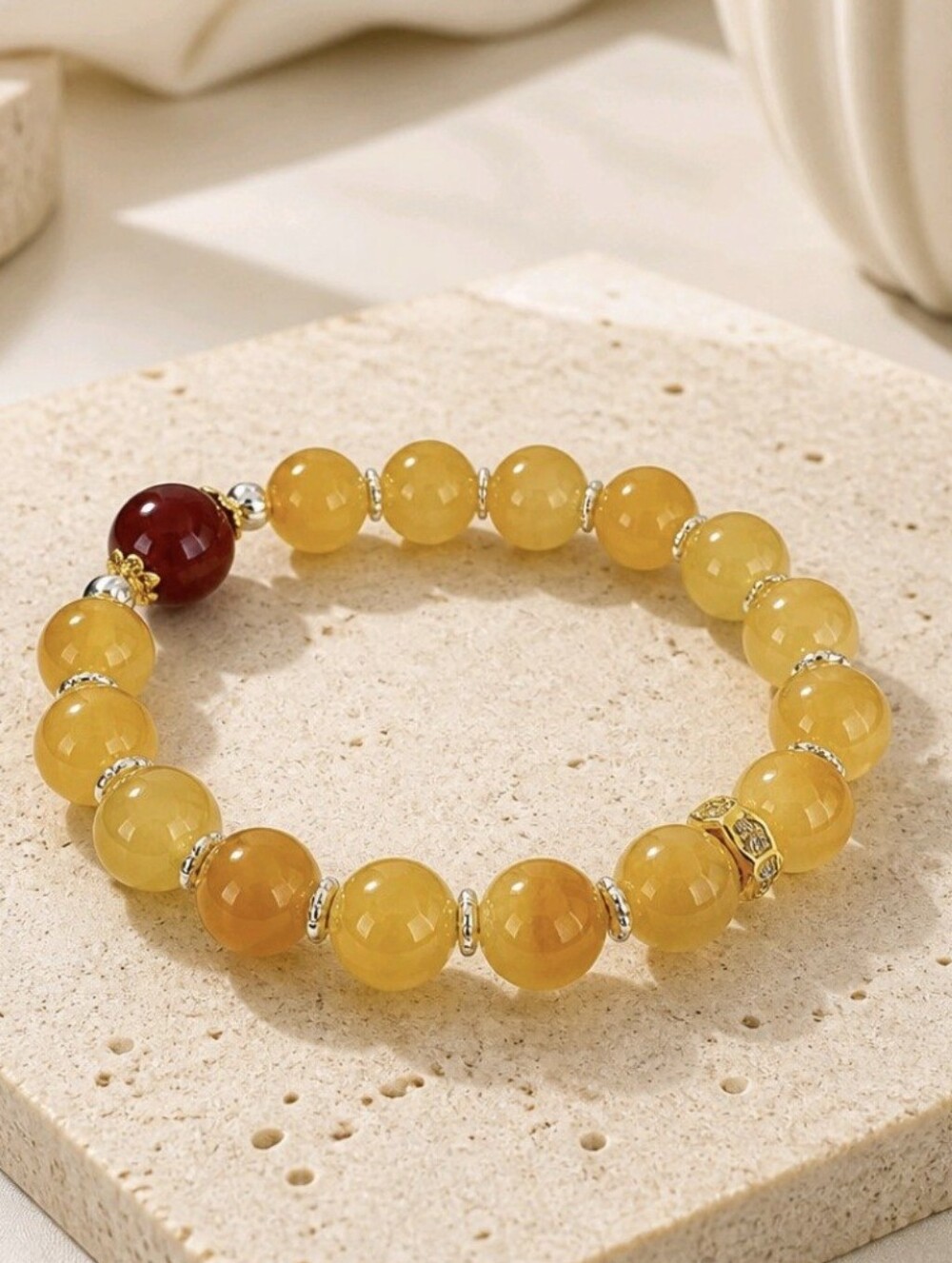 Yellow Jade & Red Agate Silver Accent Beaded Bracelet 7mm